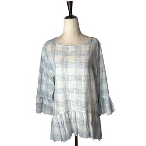 Kay Celine Shirt Women Large Blue White Plaid Bell Sleeve‎ Peplum Top Bohemian